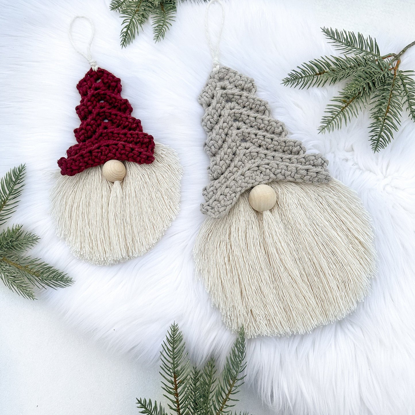 Neutral crochet holiday decor pattern with minimalist Christmas gnome styling and handmade details.