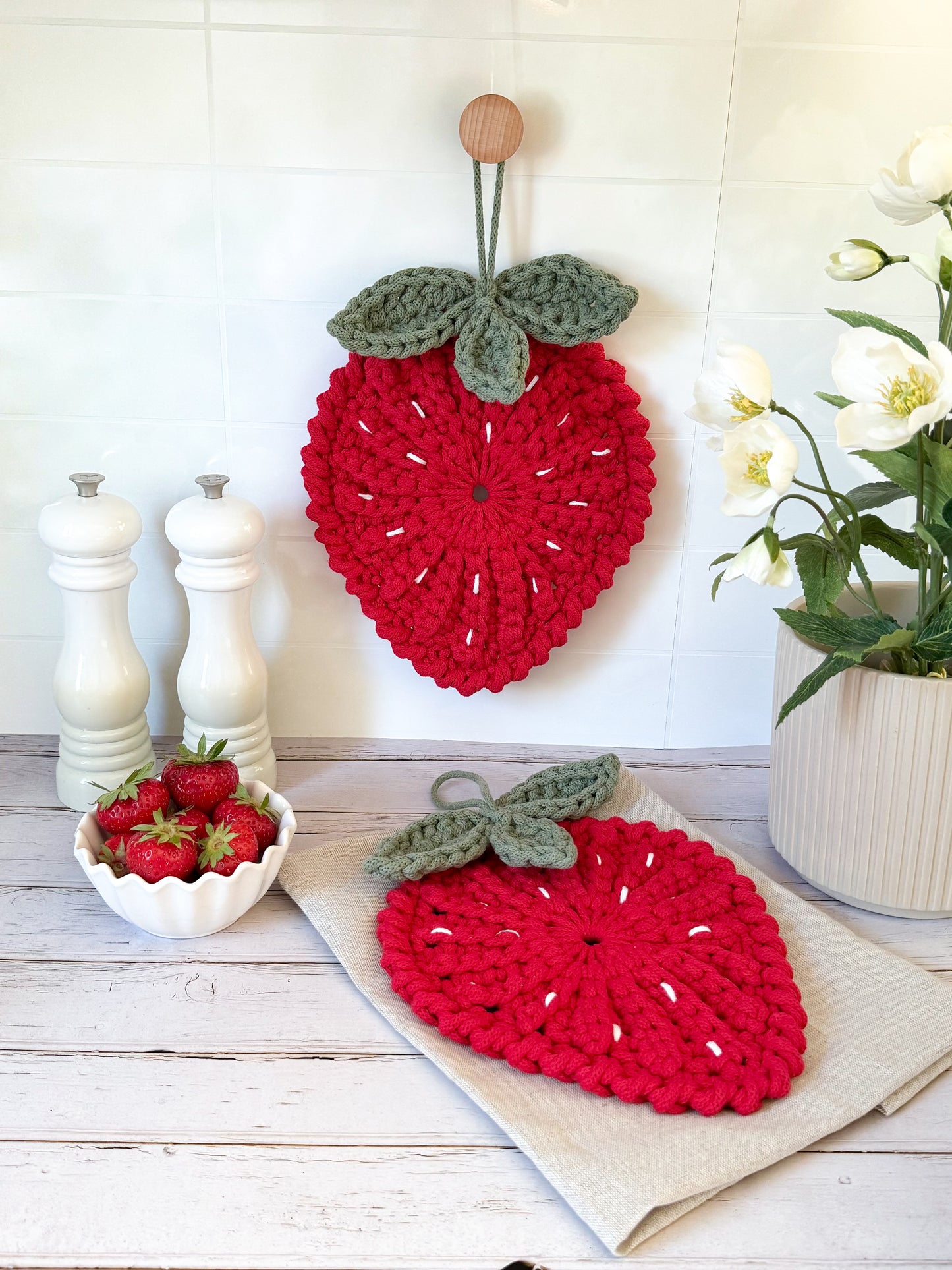 Crochet strawberry coaster and trivet pattern for kitchen styling