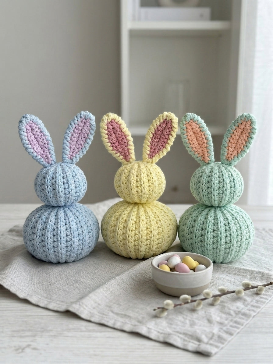 Three crocheted bunny figures on a light surface. Crocheted nursery room decor or crocheted easter decoration. Crochet pastel bunnies. Babyshower gift. Handmade gift. Animo Design. Animodesignshop.