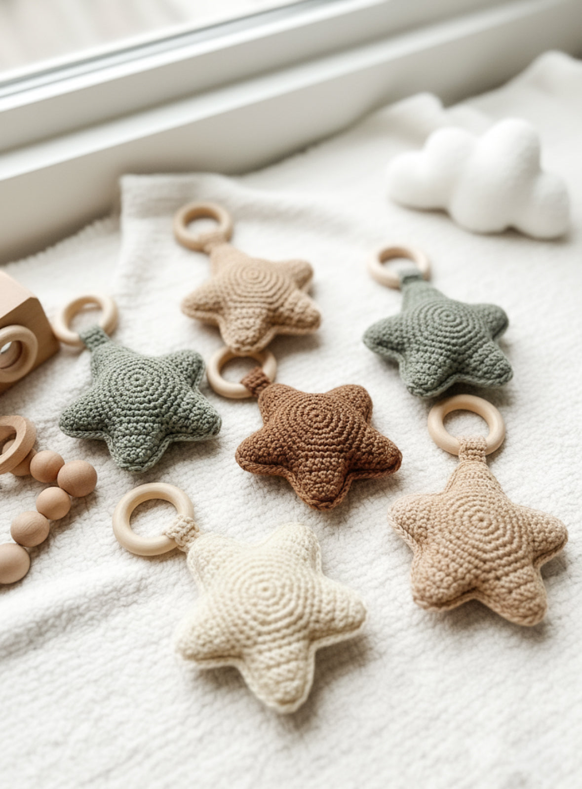 Handmade crochet baby rattle pattern shaped like a soft textured star for modern nursery decor.