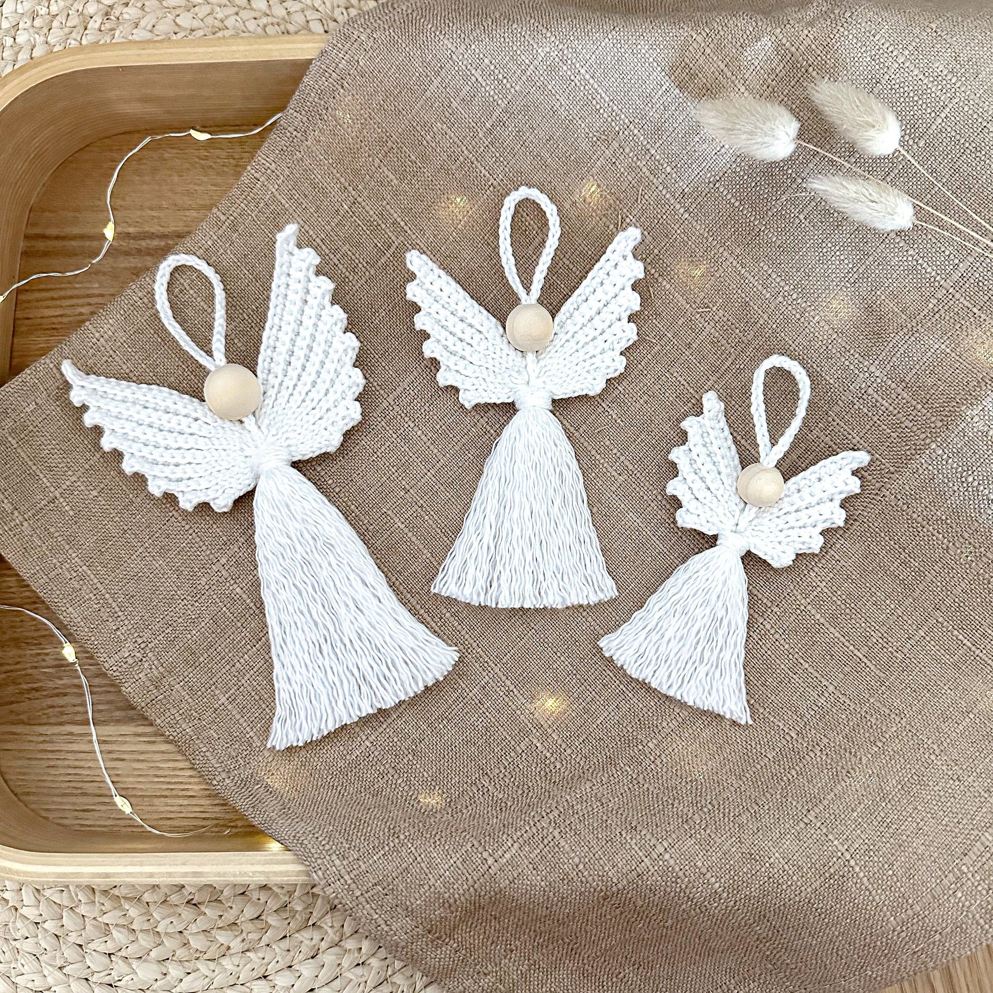 Crochet angel pattern Freja with Scandinavian-inspired handmade Christmas decor and textured ornament details.