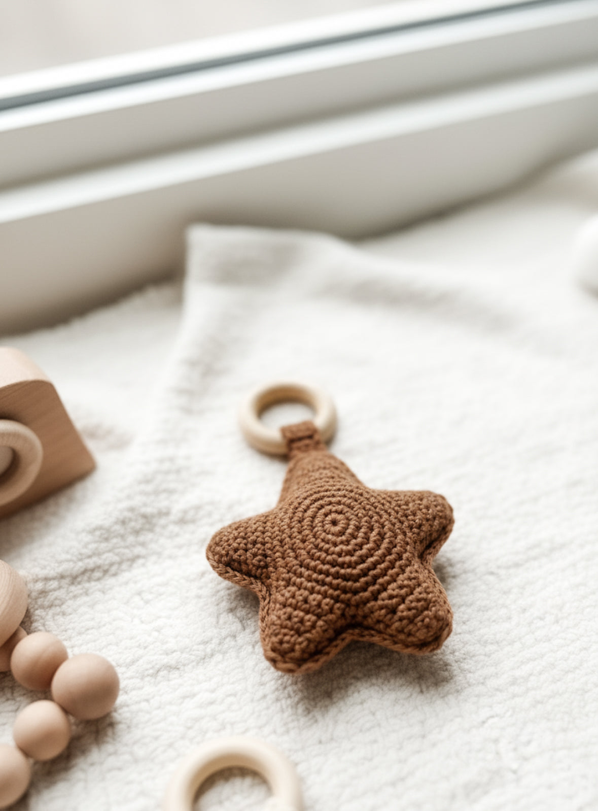Crochet baby toy pattern featuring a plush star rattle designed for handmade baby gifts.