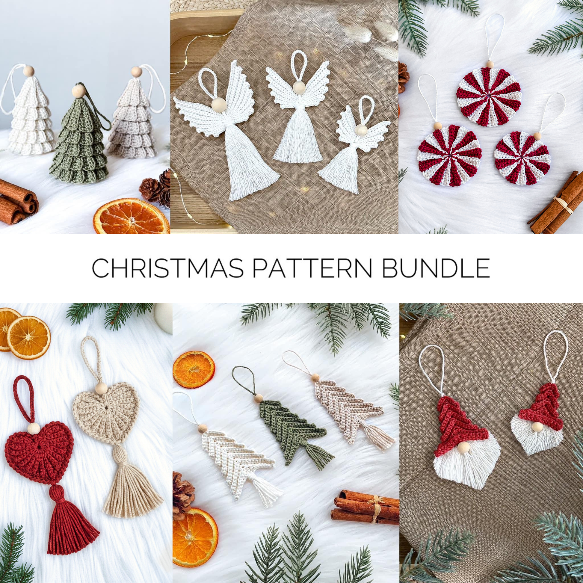 Crochet Christmas pattern bundle with six Scandinavian-inspired ornament patterns for handmade holiday decor.