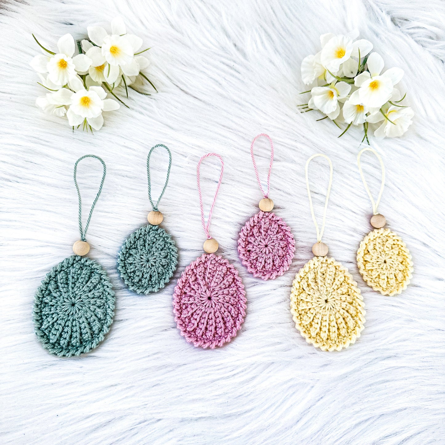 Crochet Easter ornament pattern designed for handmade Easter branches and seasonal spring decor.
