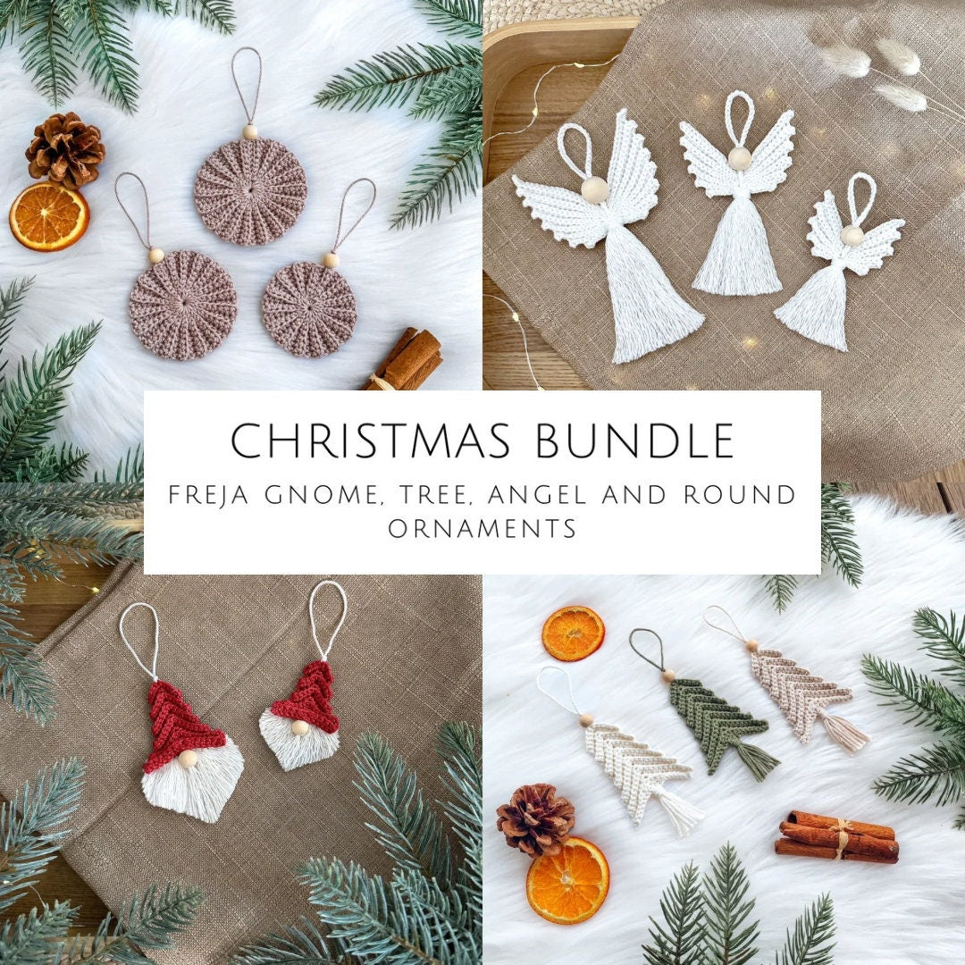 Crochet Christmas pattern bundle with Scandinavian-inspired handmade ornaments and festive holiday decor.
