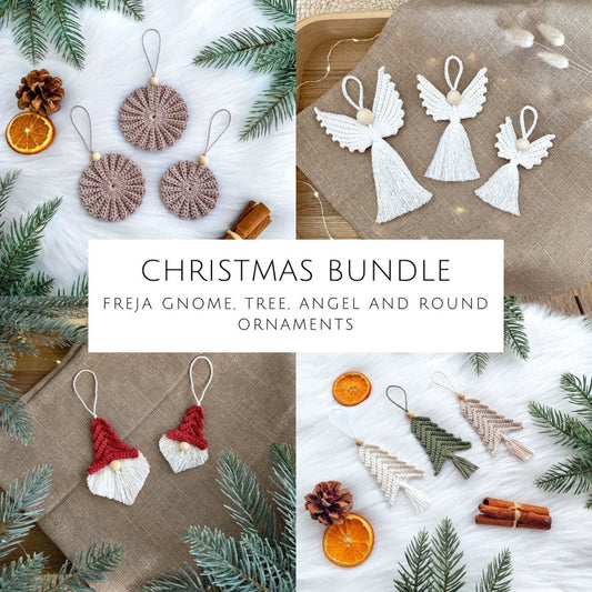 Crochet Christmas pattern bundle with Scandinavian-inspired handmade ornaments and festive holiday decor.