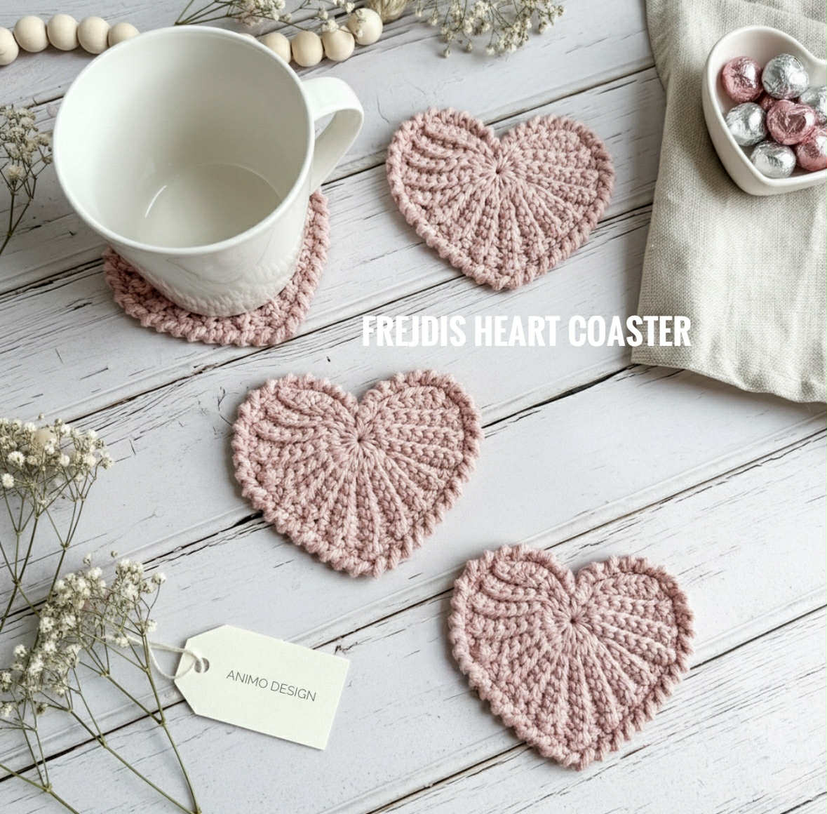 Crochet heart coaster pattern in Scandinavian style for handmade table decor and Valentine crochet projects.
