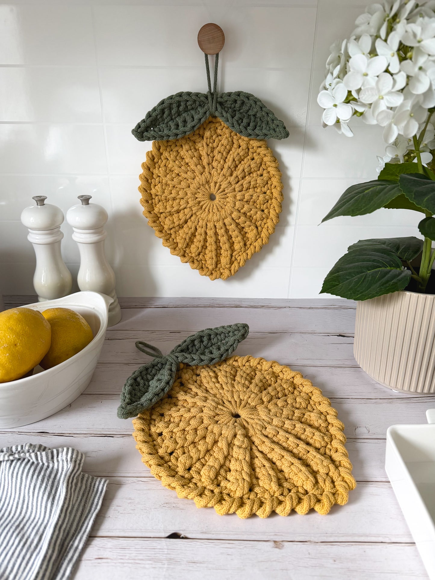 Handmade crochet lemon kitchen decor pattern