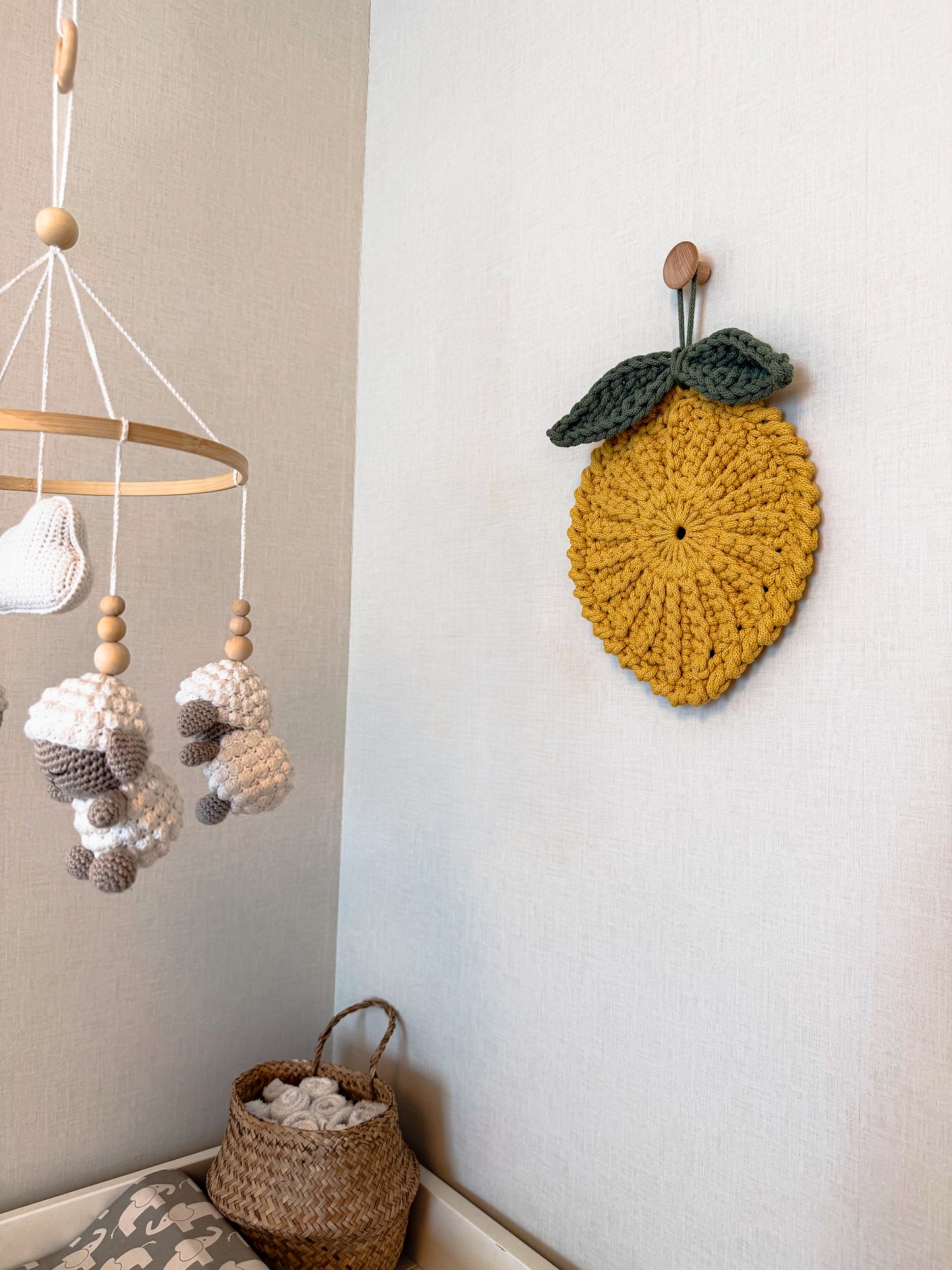 Crochet lemon wall hanging for nursery room decor
