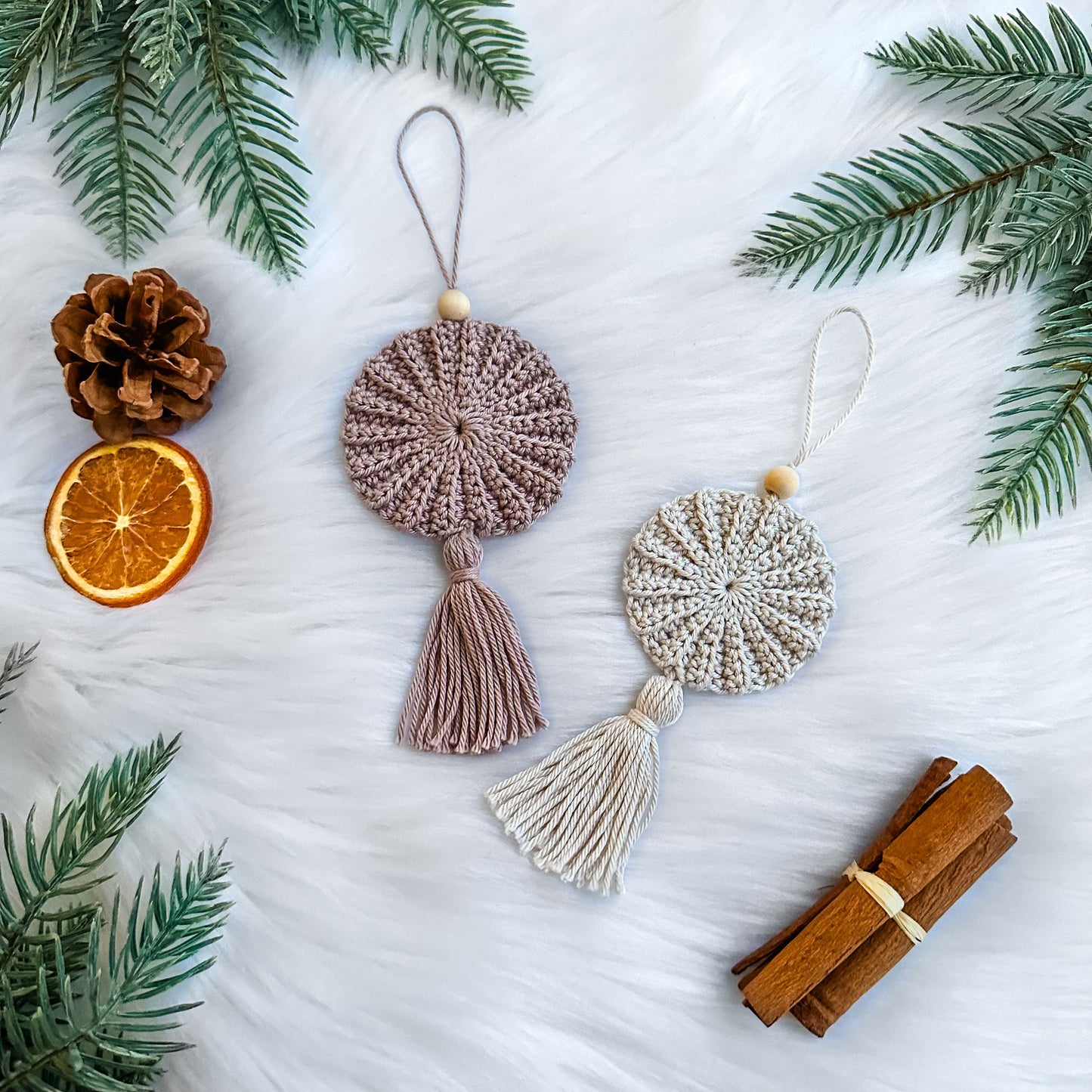 Crochet ornament pattern Freja with Scandinavian-inspired handmade Christmas decor and textured details.
