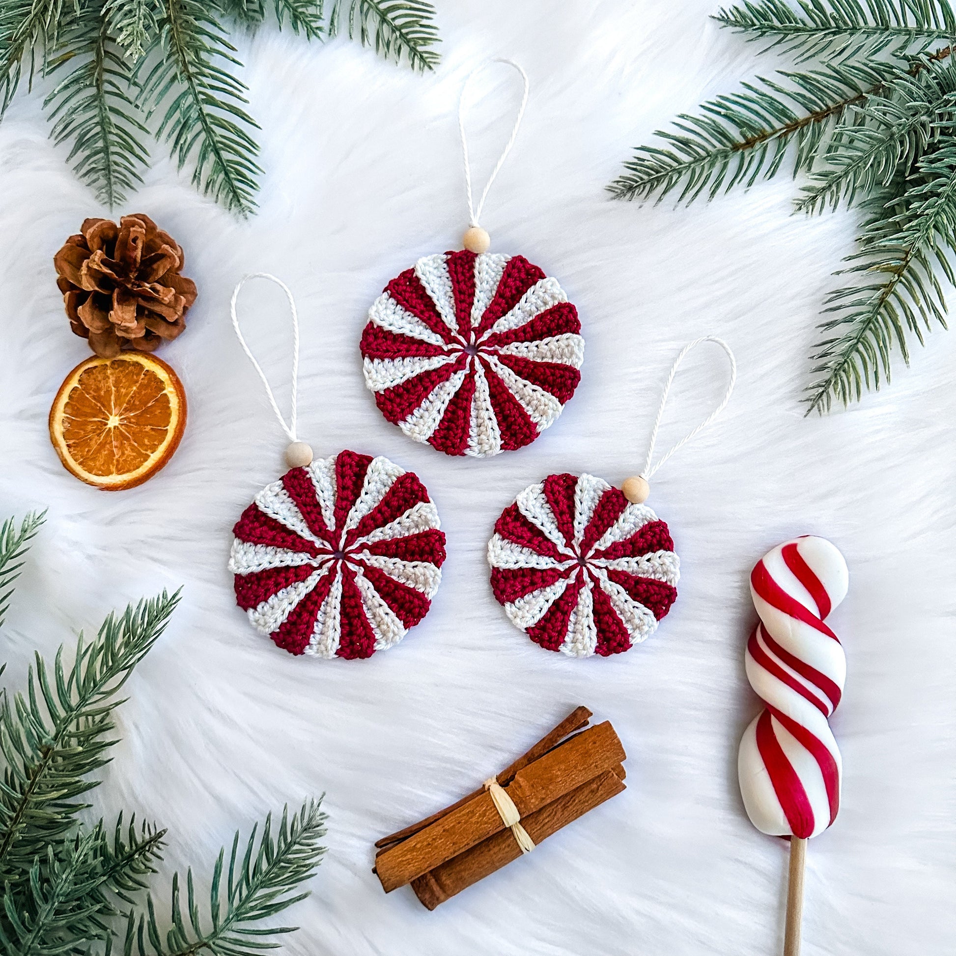 Crochet round ornament pattern designed for Christmas trees, garlands, and handmade holiday decor.