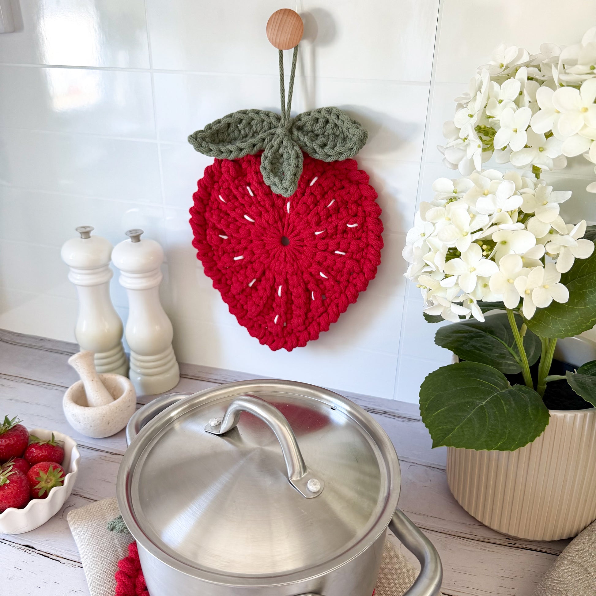 Crochet strawberry trivet pattern inspired by summer decor