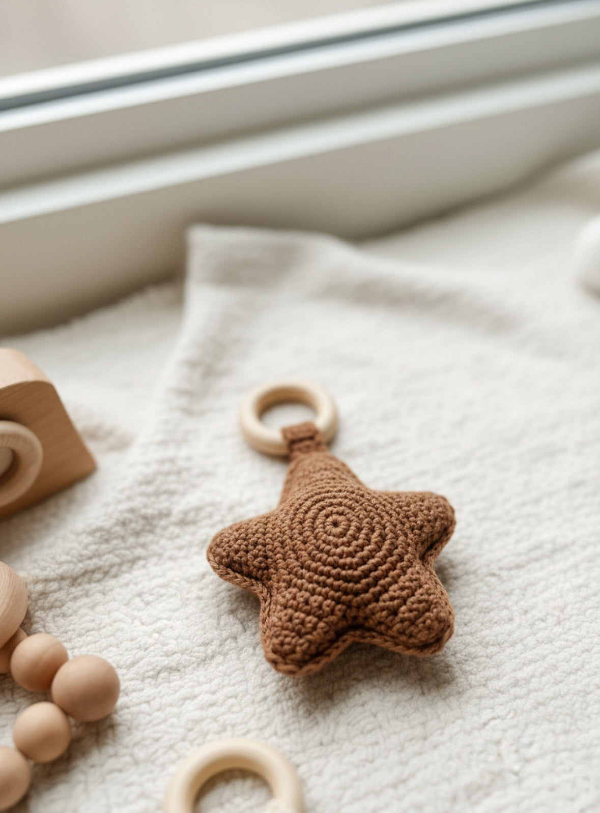 Easy crochet baby rattle pattern with plush yarn and modern handmade baby styling.