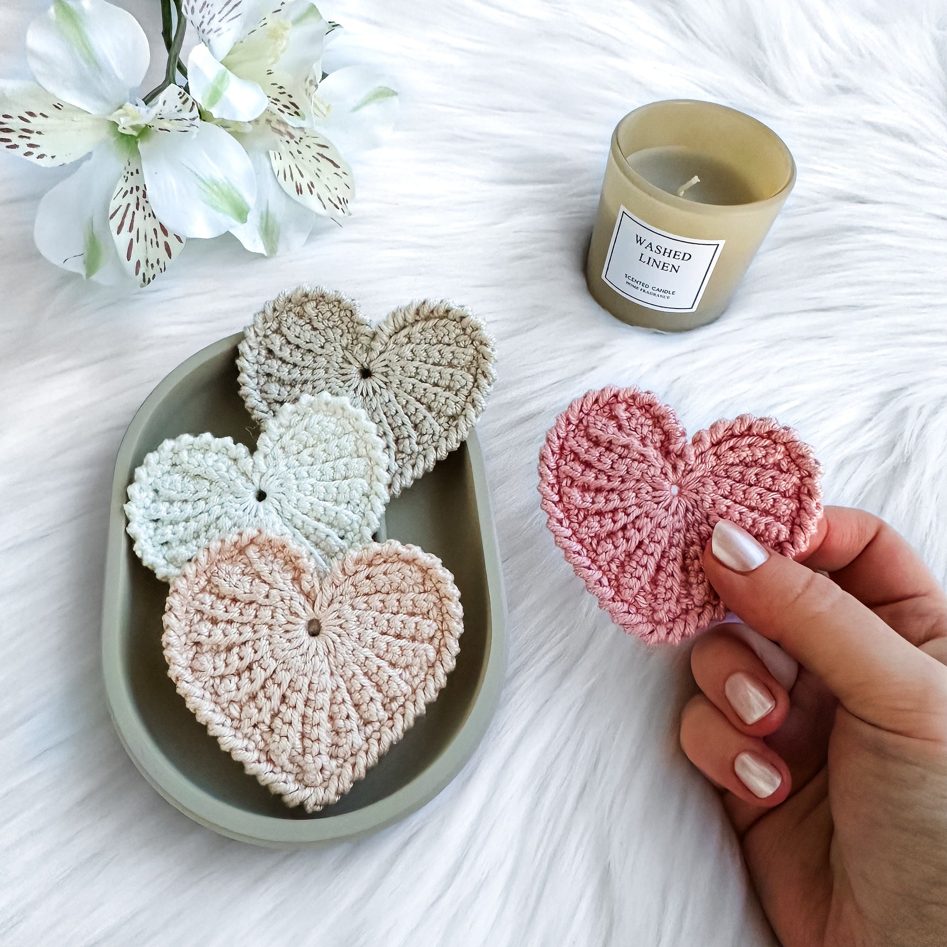 Handmade crochet Christmas ornament bundle with textured heart and angel decorations in Scandinavian style.