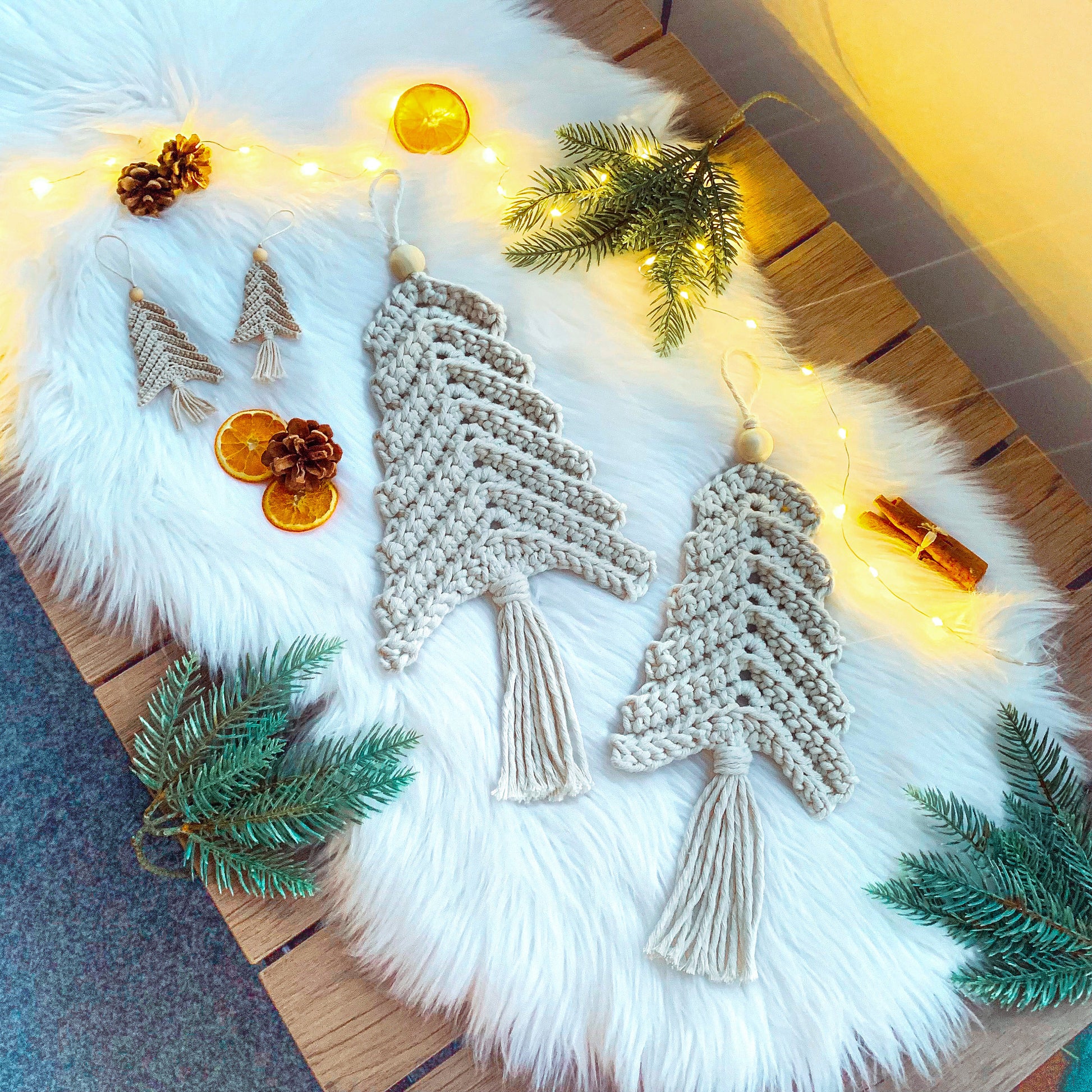 Handmade crochet holiday ornaments with textured details and Scandinavian-inspired Christmas aesthetic.
