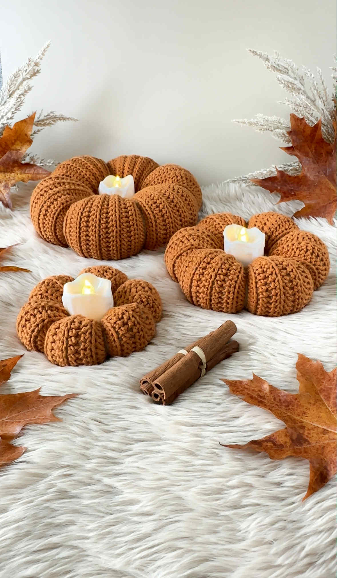 Neutral crochet fall decor pattern featuring a minimalist handmade pumpkin ornament.