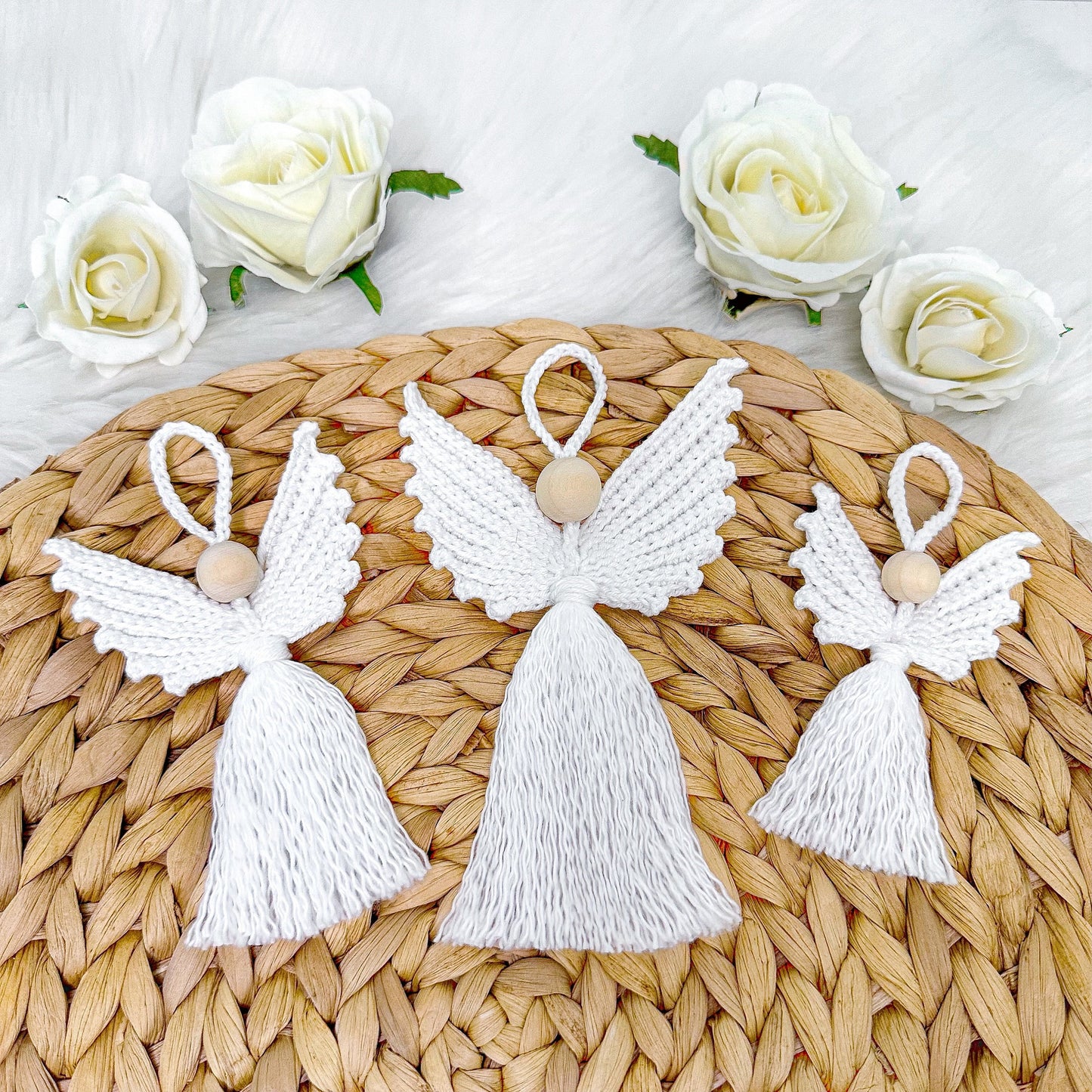 Scandinavian crochet angel ornament pattern featuring minimalist handmade holiday decor and soft neutral styling.