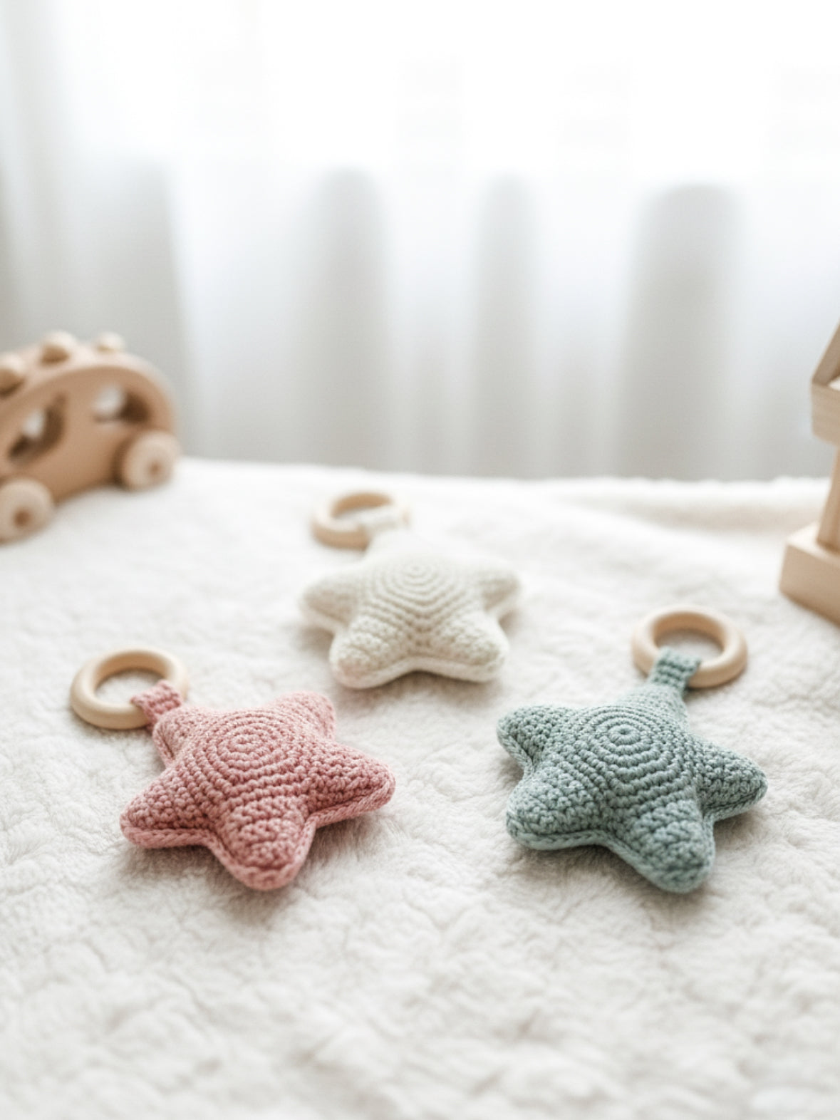 Scandinavian-inspired crochet baby gift pattern with minimalist star-shaped rattle design.