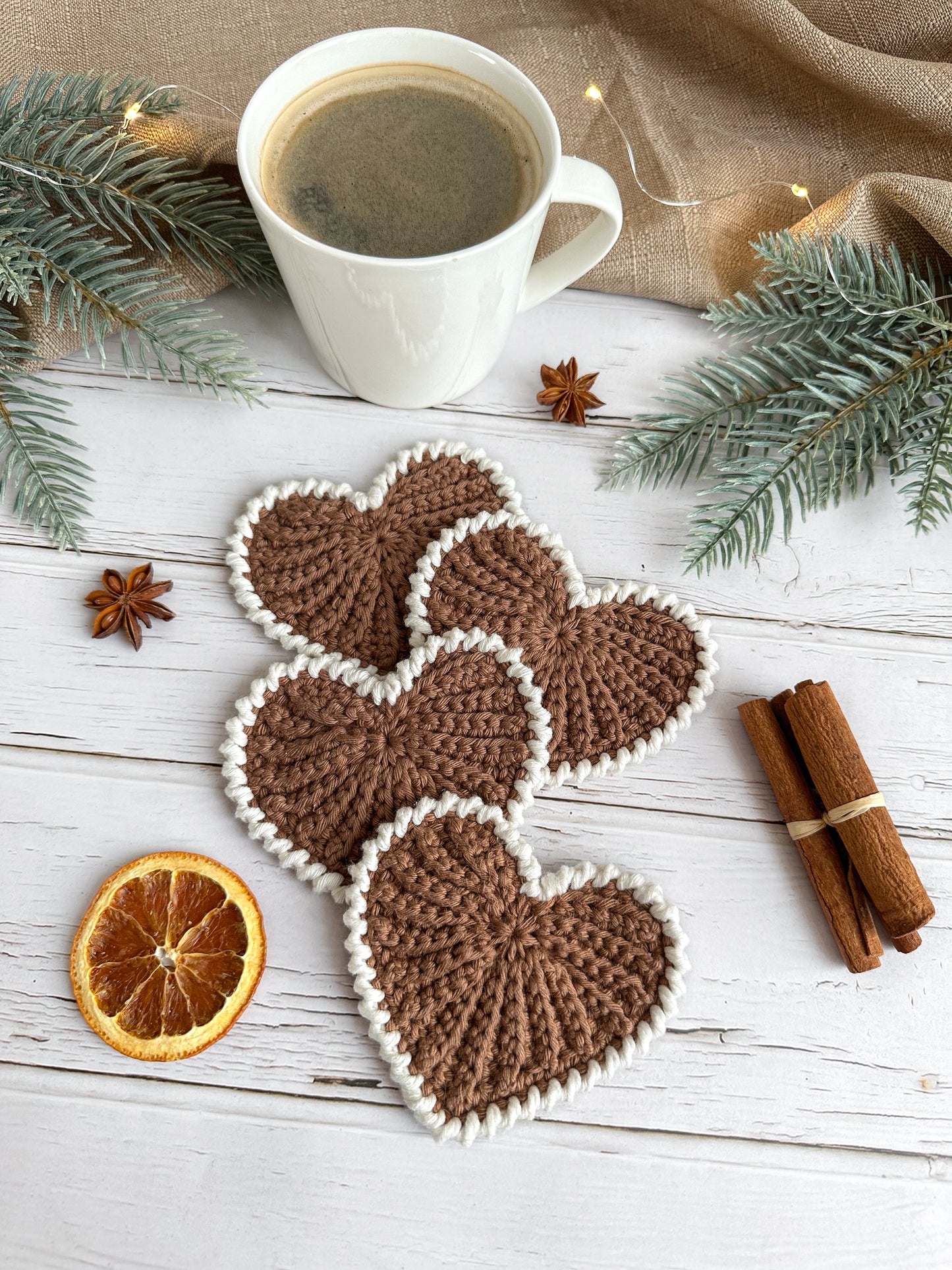 Scandinavian crochet heart coaster pattern with minimalist neutral aesthetic and handmade charm.