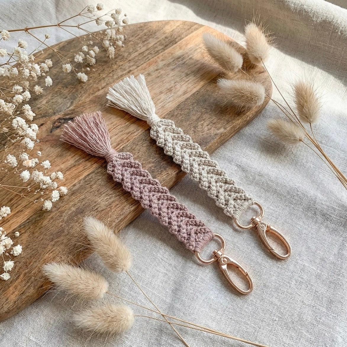 Scandinavian crochet keychain pattern featuring minimalist handmade design and soft neutral colors.