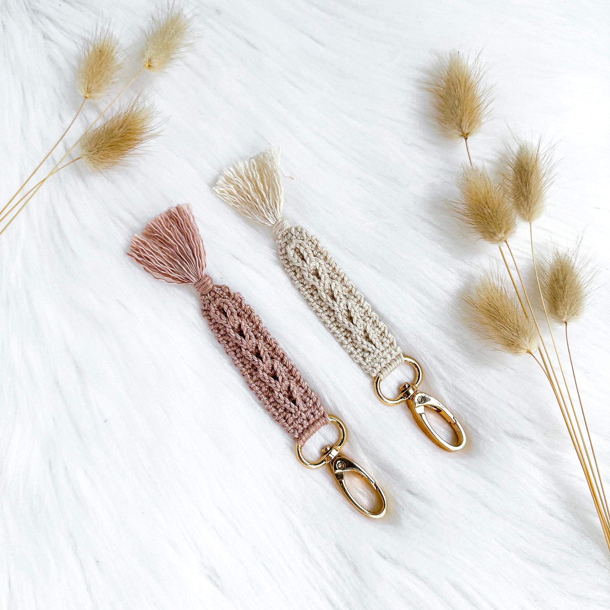 Scandinavian crochet keychain pattern featuring minimalist handmade design and soft neutral colors.