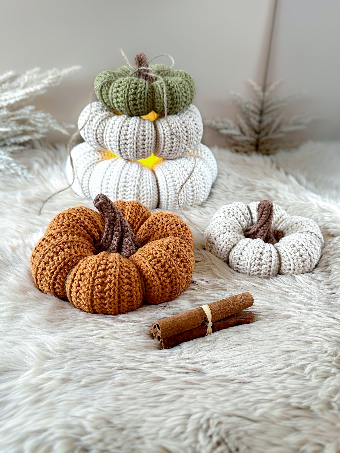 Scandinavian crochet pumpkin decoration with modern handmade fall styling and textured details.