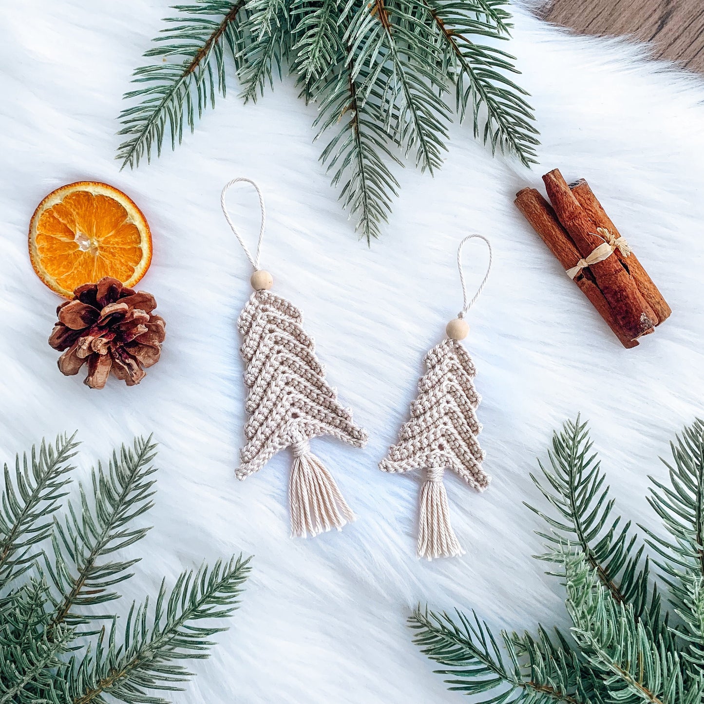 Scandinavian crochet Christmas tree ornaments with minimalist handmade styling and festive holiday decor.
