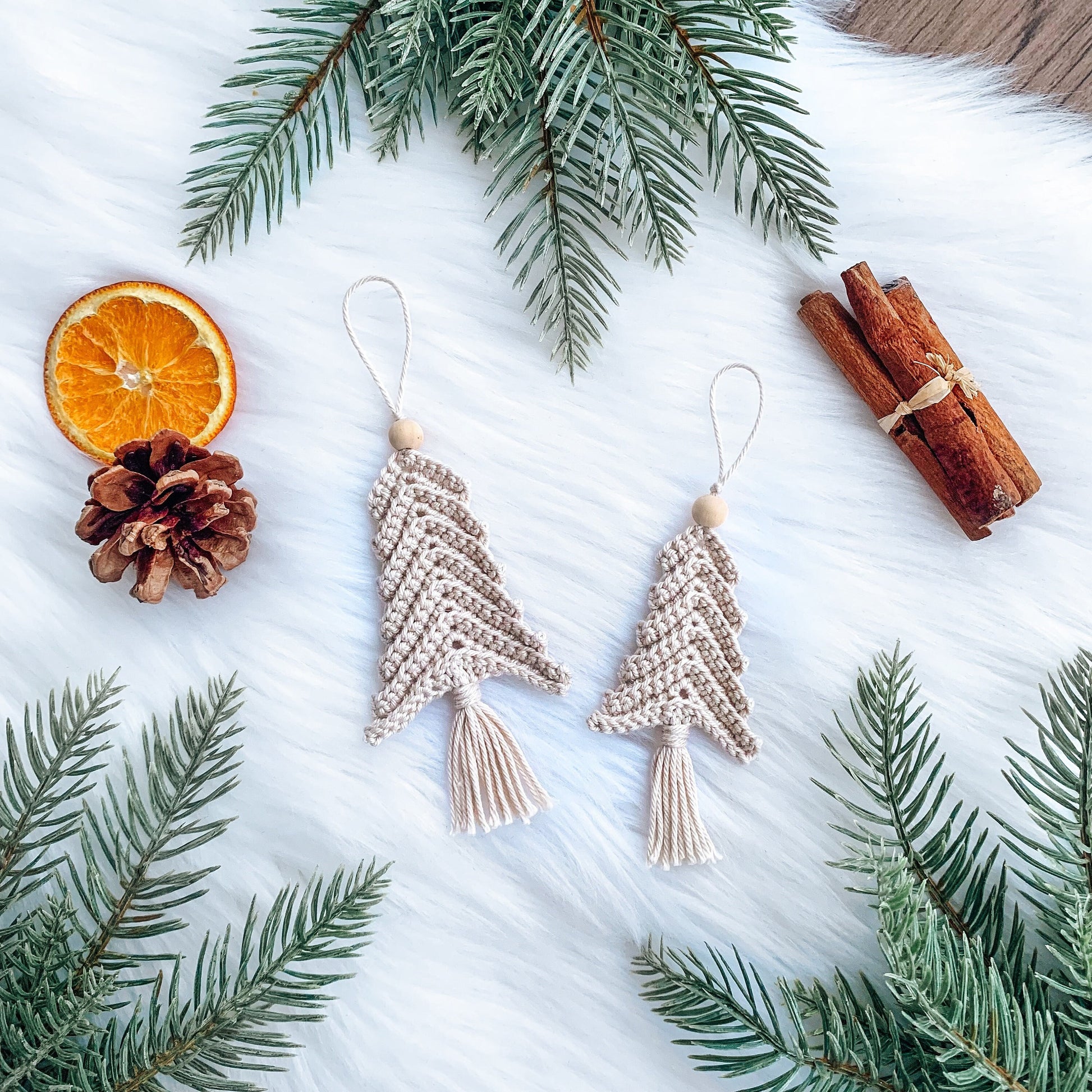 Scandinavian crochet Christmas tree ornaments with minimalist handmade styling and festive holiday decor.
